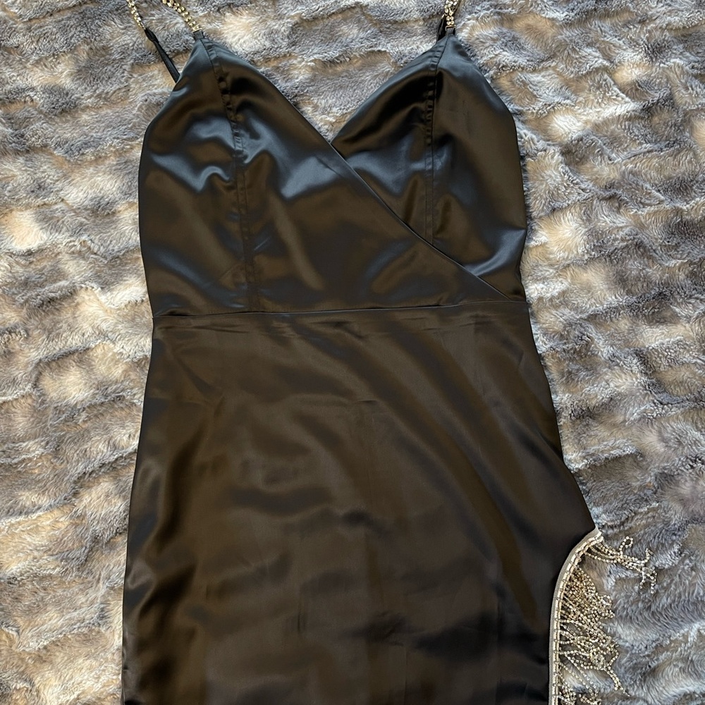 Elegant Black Satin Dress with Chain Straps